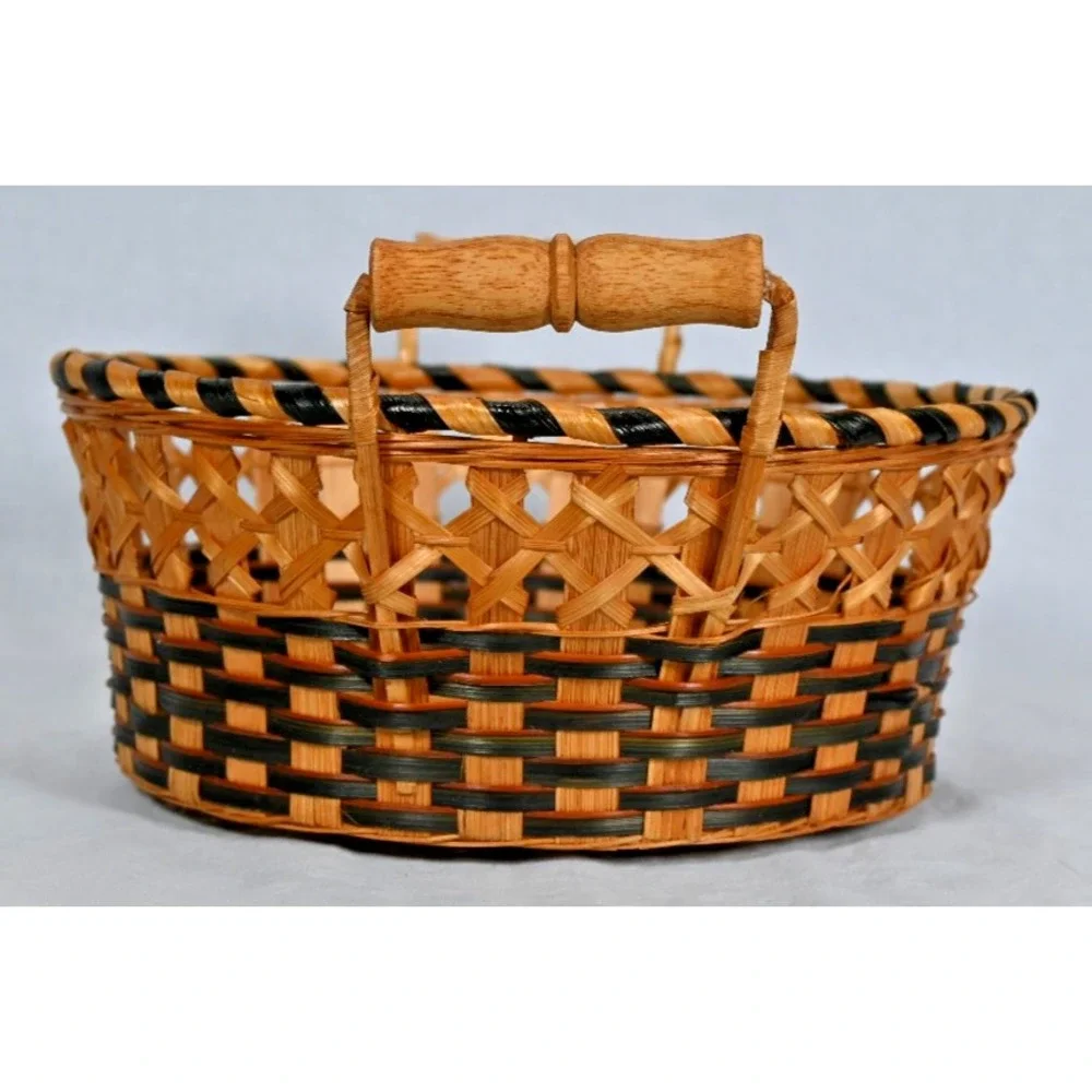Vintage Wicker Rattan Seagrass Basket Wood Handles Black Accent Decor